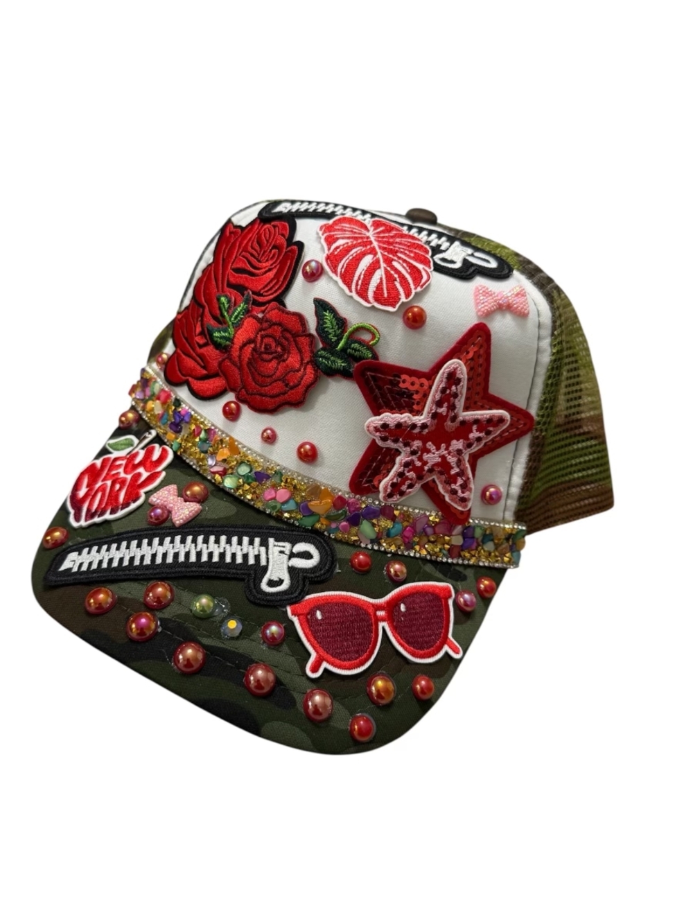 Embellished Patchwork Baseball Cap - Red, White, Olive
